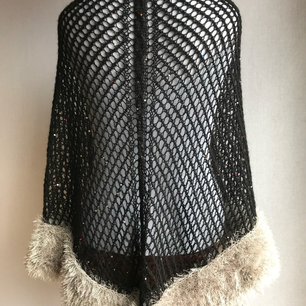 New Hand Knitted Shawl with Fur trim and sequins. Long scarf, Wrap.Gift for Her - Picture 5 of 16